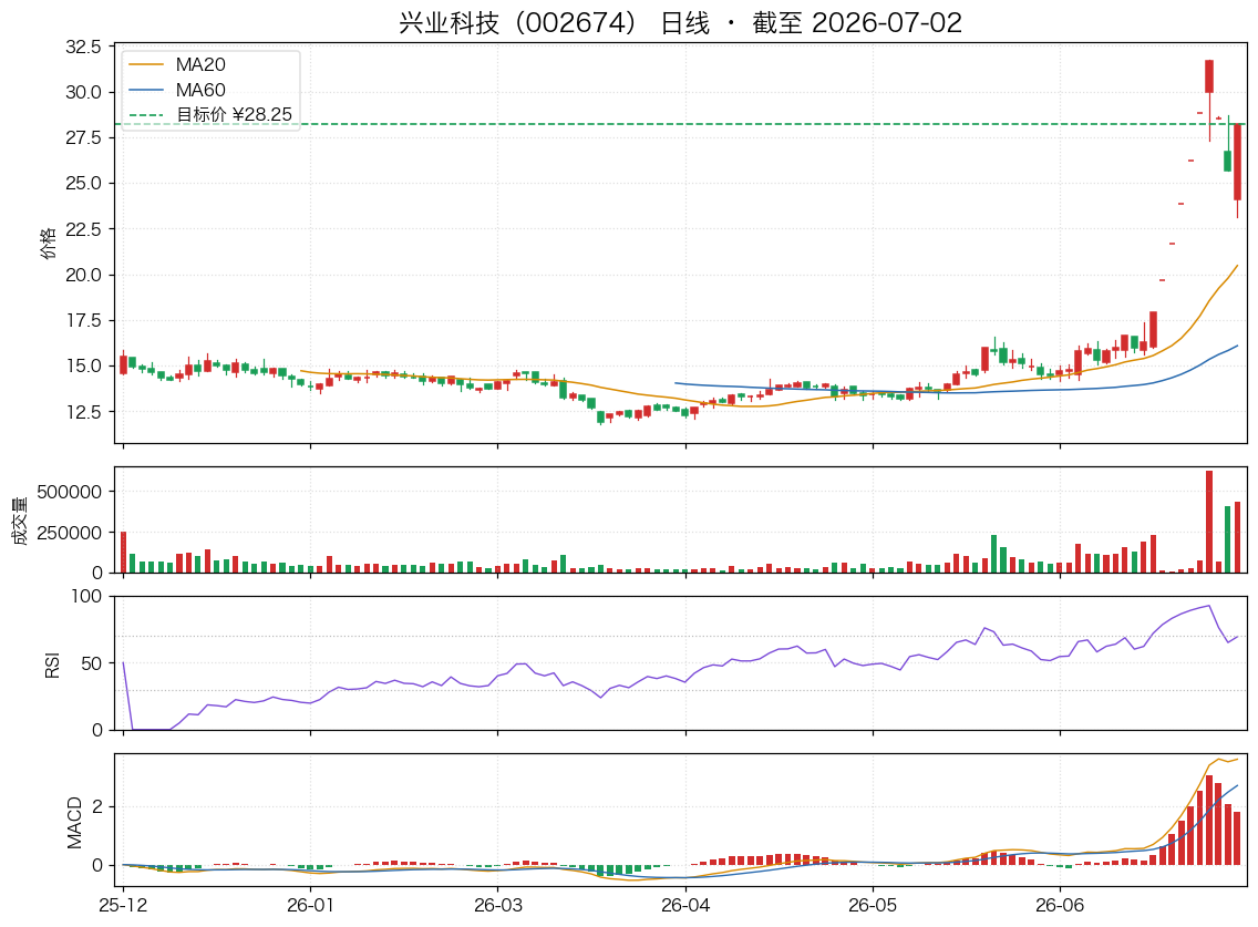 兴业科技（002674）近6个月K线走势图